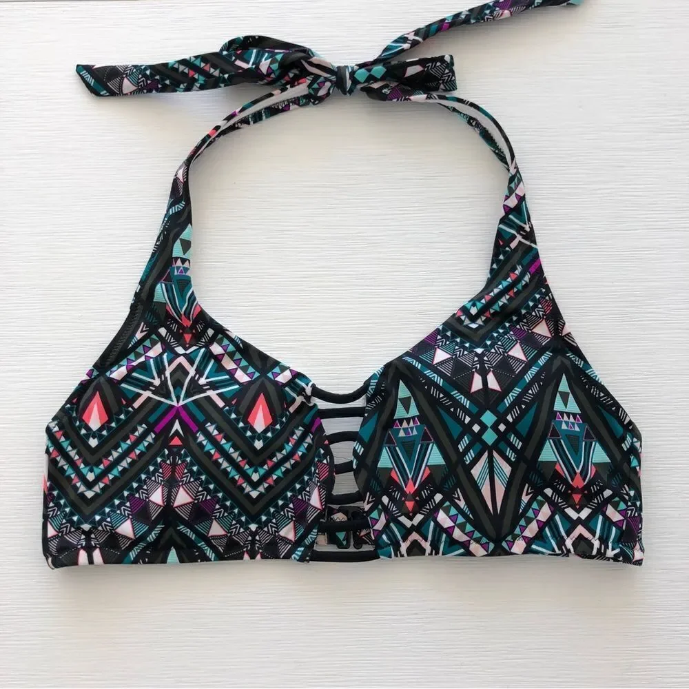 PINK Halter Bikini Swimsuit Geometric Kaleidoscope Print Black Colorful Cutout M